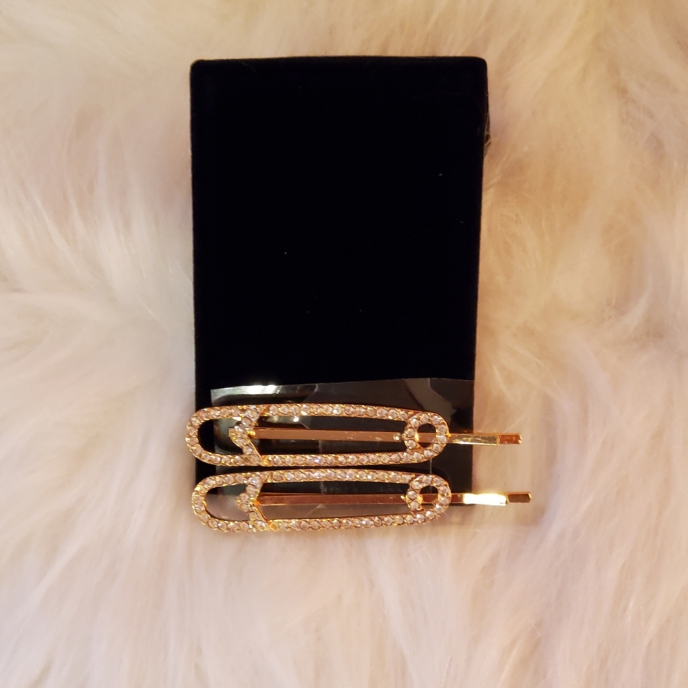 Paper Clip style Hair Pins with Rhinestones A Set of 2 Gold